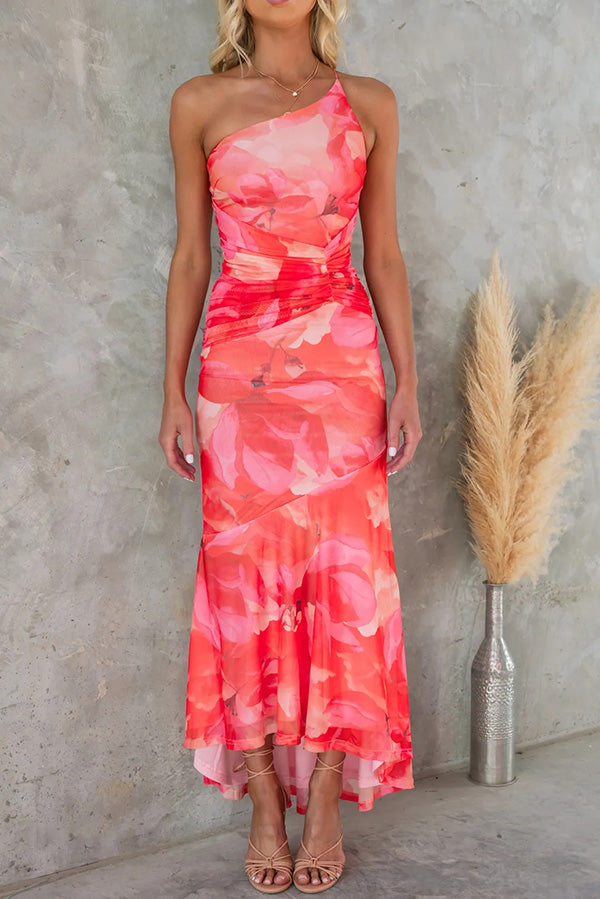Floral Mesh One Shoulder Ruched Maxi Dress