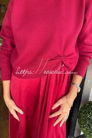 Knit Sweater & Satin Ruched Midi Dress Two-Piece Set