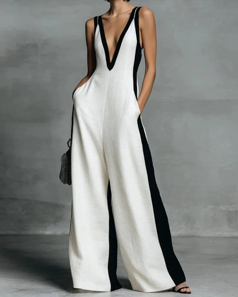 Black & White Stripe Wide-Leg Jumpsuit with Deep V-Neck