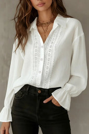 Lace Patchwork Button-Up Shirt | Loose Casual Long Sleeve