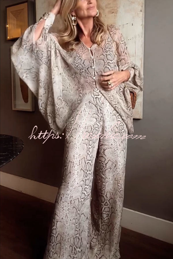 Animal Print Batwing Sleeve Shirt & Wide Leg Pants Set