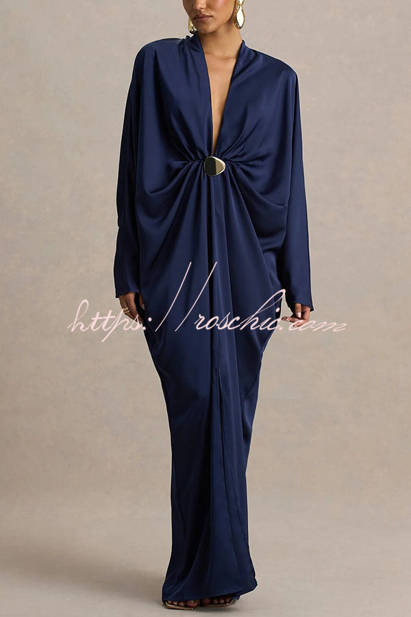 Satin Plunge V-Neck Maxi Dress with Gold Trim & Batwing Sleeves