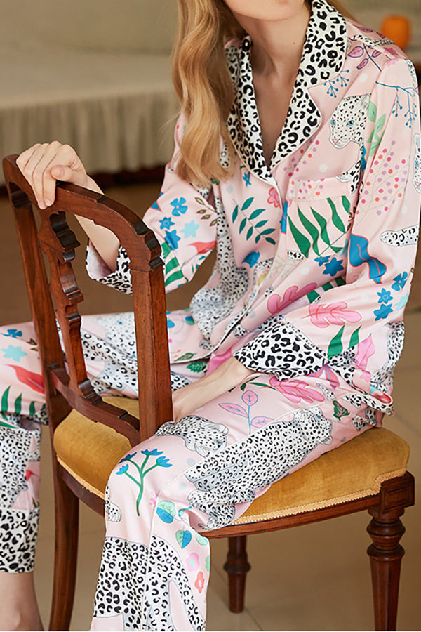 Pink Snow Leopard Print Long Sleeve Two-Piece Lounge Set