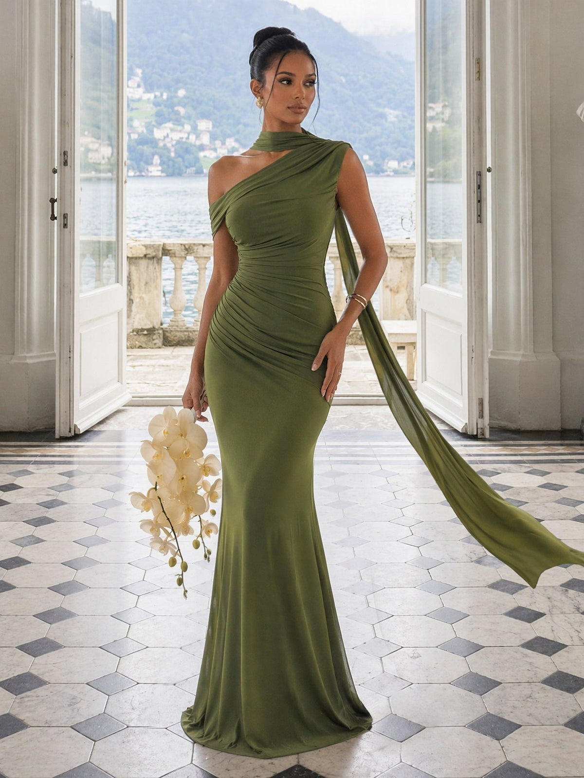 One Shoulder Formal Evening Gown with Built-In Bra, Ruched Mesh