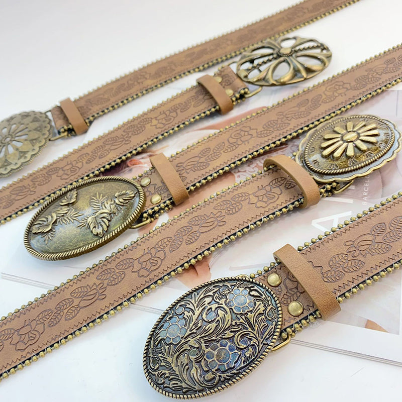 Retro Carved Faux Leather Belt – Brown, 3.8cm Wide