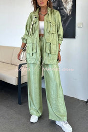 Metallic Wide Leg Pants with Elastic Waist & Pockets