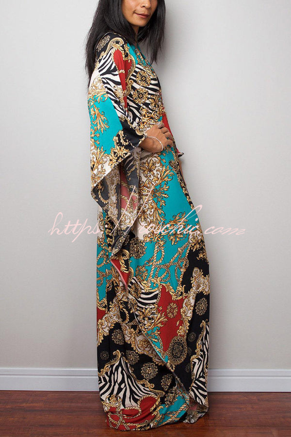 Printed Batwing Sleeve Loose Maxi Dress for Vacation