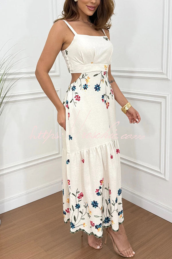 Linen Blend Floral Cutout Waist Smocked Slit Maxi Dress