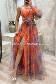 Tulle One-Shoulder Floral Pleated Slit Maxi Dress