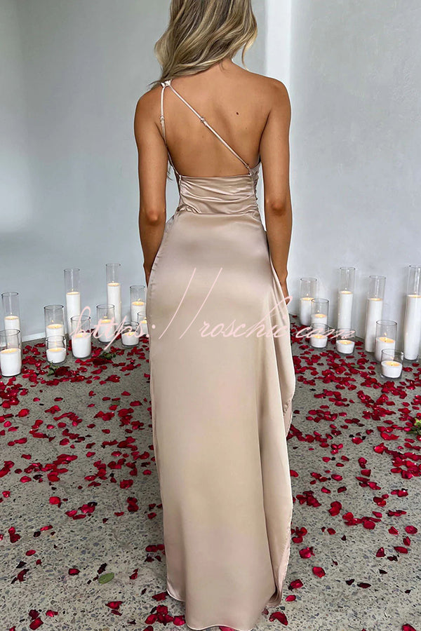 Satin One Shoulder Maxi Dress with Thigh-High Slit