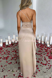 Satin One Shoulder Maxi Dress with Thigh-High Slit