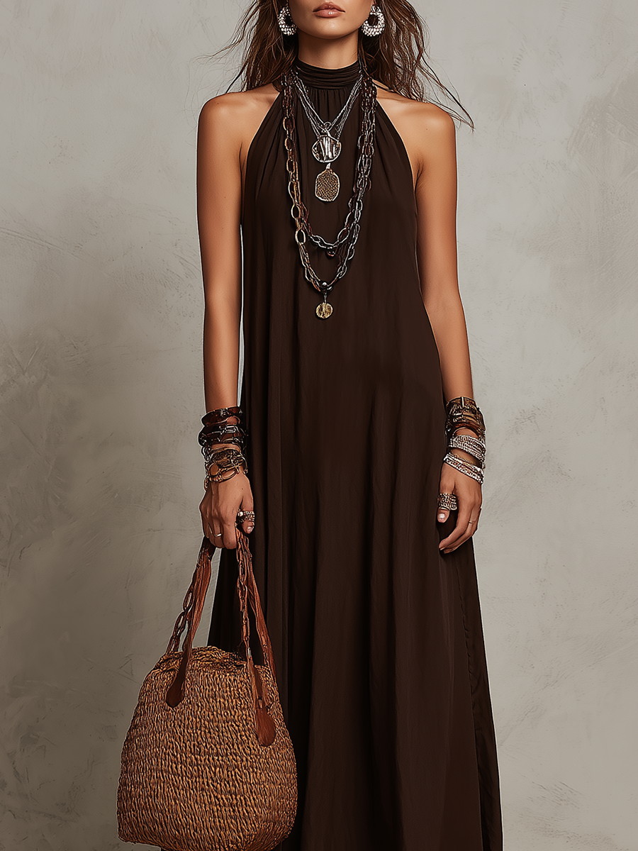 Dark Brown Halter Neck Minimalist Maxi Dress