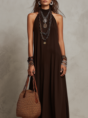 Dark Brown Halter Neck Minimalist Maxi Dress