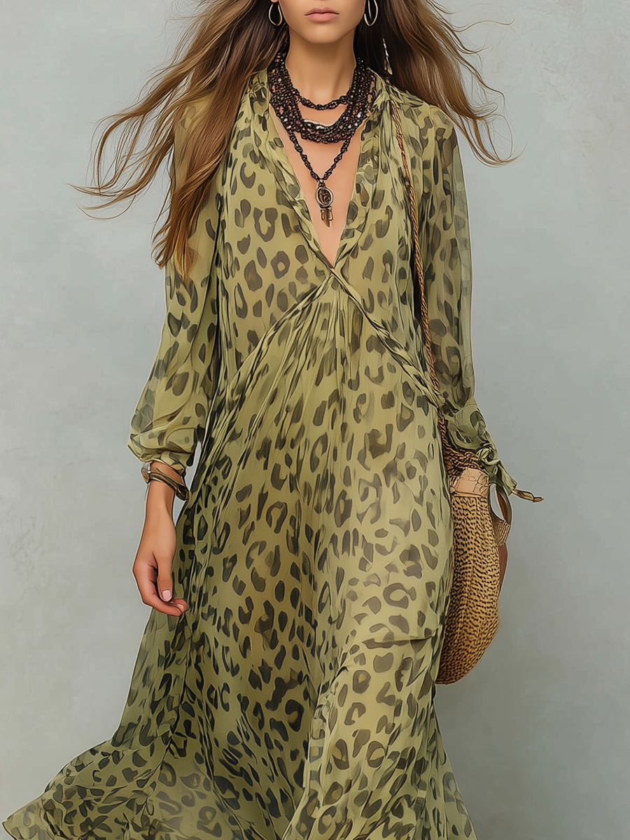 Olive Green Leopard Print Chiffon Bohemian Dress