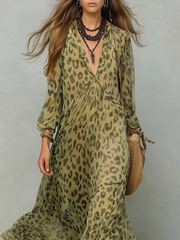 Olive Green Leopard Print Chiffon Bohemian Dress