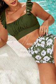 Botanical Print Ruffled Bikini Set | Square Neck Swimsuit