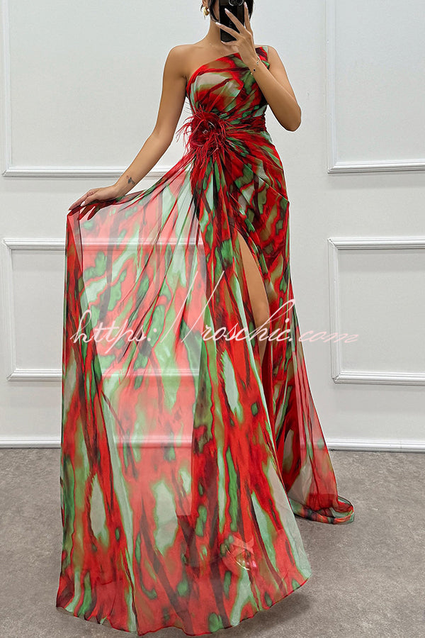 Watercolor Feather Print Off-Shoulder Chiffon Maxi Dress