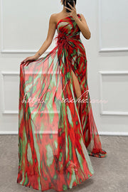 Watercolor Feather Print Off-Shoulder Chiffon Maxi Dress