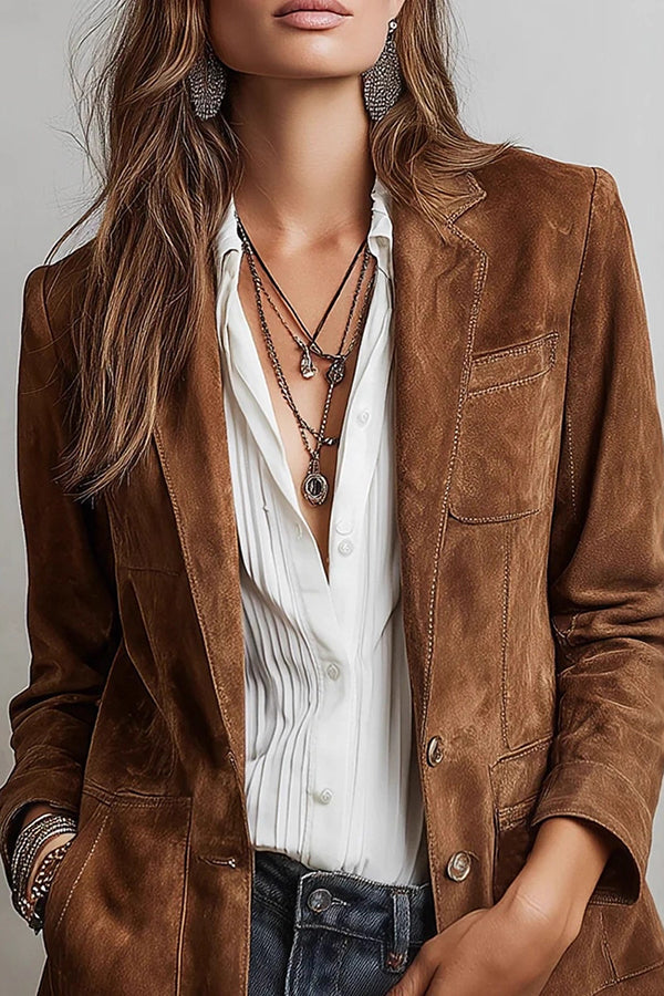 Suede Lapel Button-Down Jacket | Long Sleeve Casual Coat