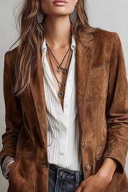 Suede Lapel Button-Down Jacket | Long Sleeve Casual Coat