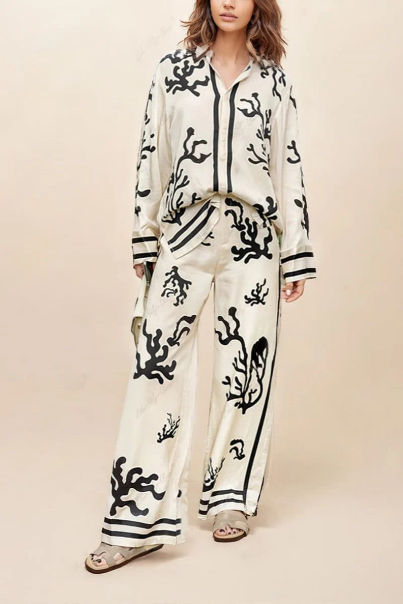 Satin Wide Leg Pants with Unique Print & Elastic Waist