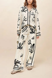 Satin Wide Leg Pants with Unique Print & Elastic Waist