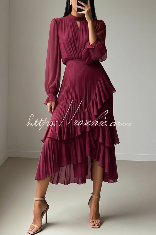 Ruffle Midi Dress Long Sleeve Round Neck Fitted Waist