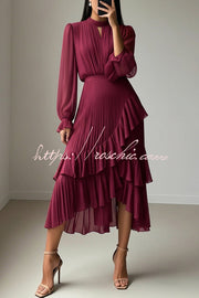 Ruffle Midi Dress Long Sleeve Round Neck Fitted Waist