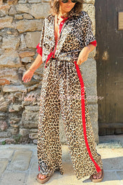 Leopard Print Color Block Short Sleeve Shirt and Pants Set