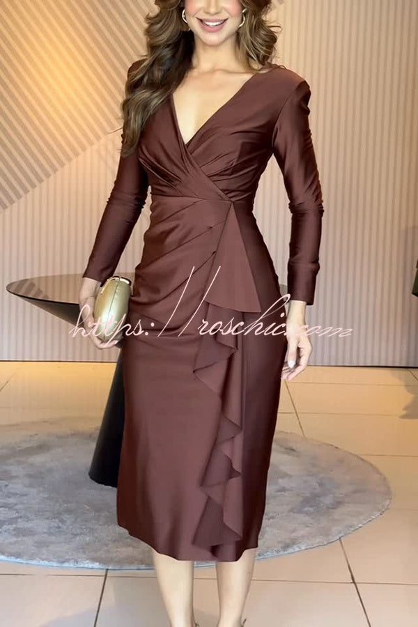 Satin Long Sleeve Midi Dress with Ruffled Hem & Slit