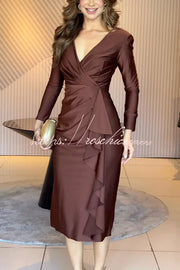 Satin Long Sleeve Midi Dress with Ruffled Hem & Slit