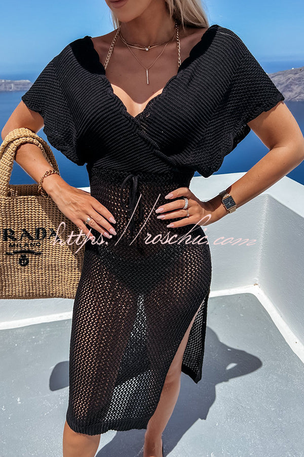 Knit Beach Cover Up Dress | Batwing Sleeve Calf Length