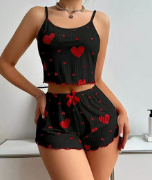 Duniii Heart Print Lettuce-Trim Cami & Shorts Pajama Set