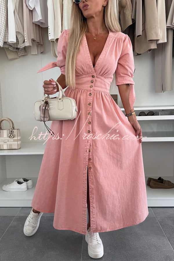 Denim Midi Dress V-Neck Button-Down Half Sleeve Loose Fit