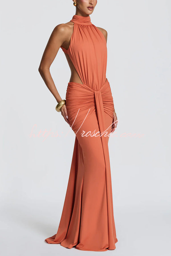 Stretch Slinky Jersey High Neck Ruched Backless Maxi Dress