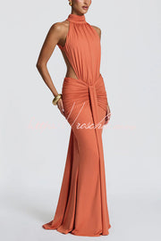 Stretch Slinky Jersey High Neck Ruched Backless Maxi Dress