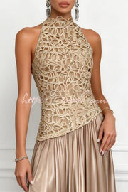 Lace Satin Sleeveless Maxi Dress – Crew Neck A-Line