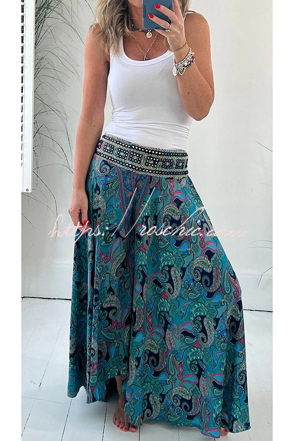 Pantalon ample à taille élastique imprimé cachemire avec poches