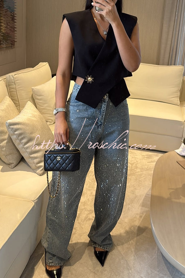 Jean droit ample taille haute en strass avec poches