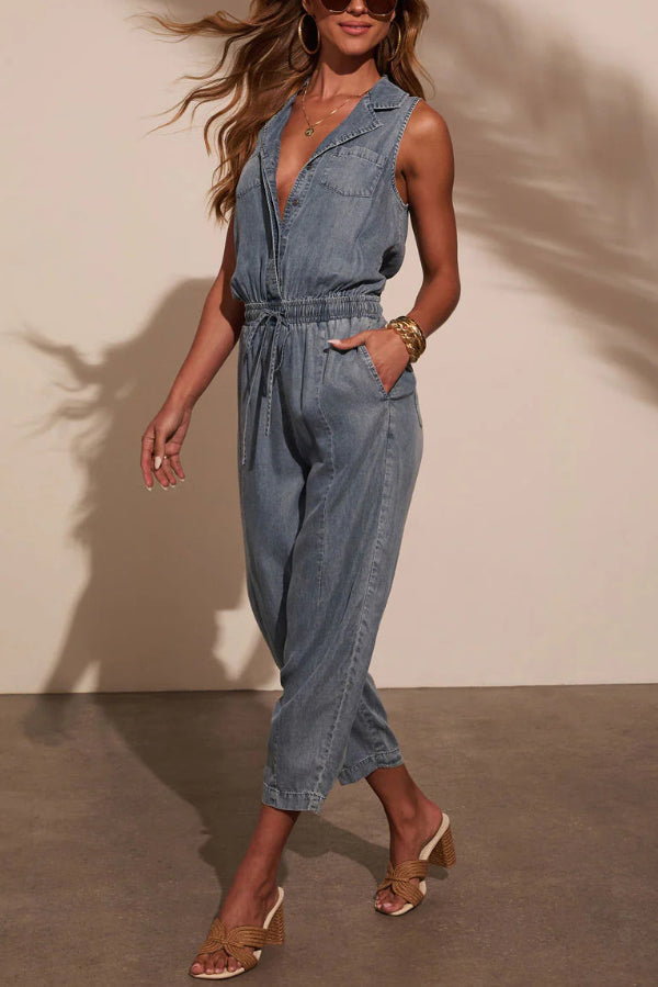 Women's Sleeveless Denim Jumpsuit with Elastic Waist & Pockets
