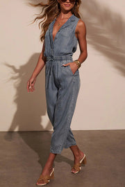 Women's Sleeveless Denim Jumpsuit with Elastic Waist & Pockets