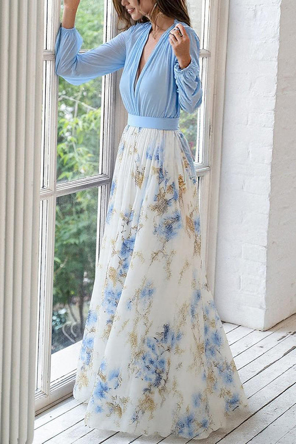 Robe longue à col en V et imprimé végétal – Coupe ample à manches longues