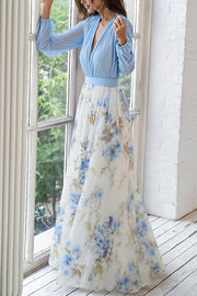 Robe longue à col en V et imprimé végétal – Coupe ample à manches longues