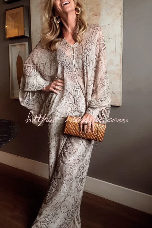 Animal Print Batwing Sleeve Shirt & Wide Leg Pants Set
