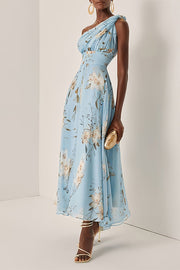 One-Shoulder Floral Maxi Dress – Loose Vacation Style