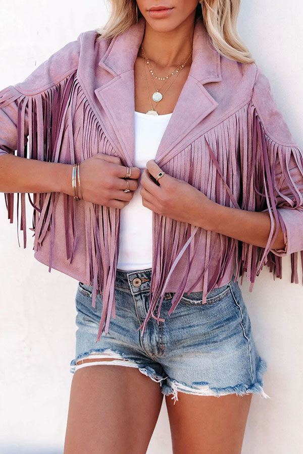 Cropped Faux Suede Jacket with Fringe Detail