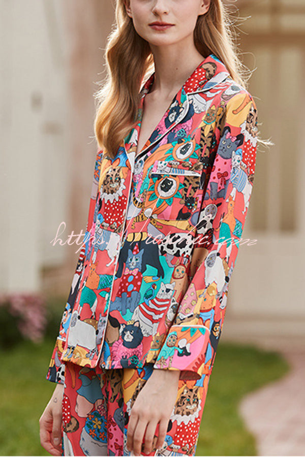 Cat Print Long Sleeve Two-Piece Set – Casual Lounge Outfit