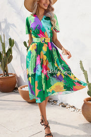 Contrast Floral Print Belted Pleated Midi Dress