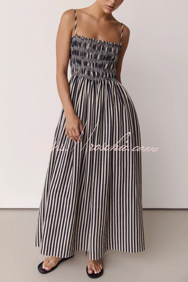 Striped Spaghetti Strap Pleated Maxi Dress with Pockets