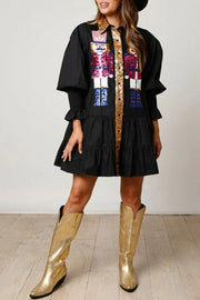 Sequined Nutcracker Button-Down Long Sleeve Mini Dress